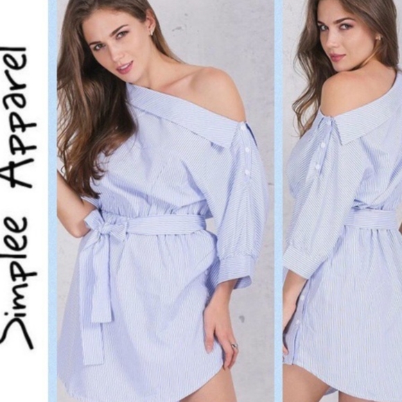 simplee apparel Dresses & Skirts - MINI SHIRT DRESS ONE SHOULDER STRIPPED  BELTED